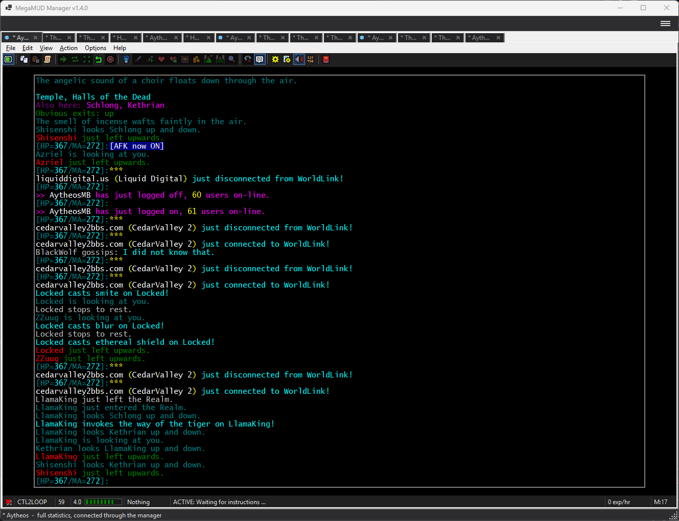 MegaMUD Character Manager — fourteen MegaMUD sessions as tabs across the top, the active one showing live game text